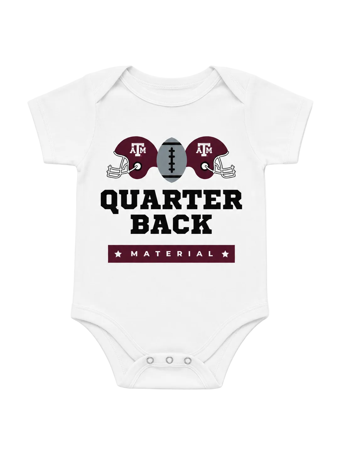 A white short-sleeve baby bodysuit featuring a maroon and gray Texas A&M football graphic with the text 'QUARTER BACK' and 'MATERIAL'.