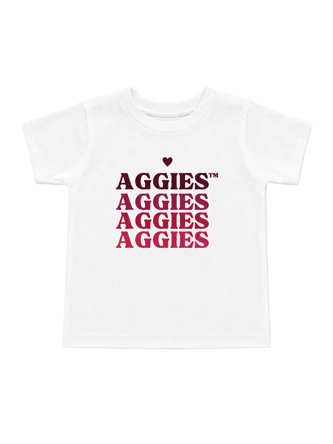 A white short-sleeve kids' t-shirt featuring a graphic print on the front with the word 'AGGIES' repeated in stacked rows, starting with a small dark red heart above the first line.