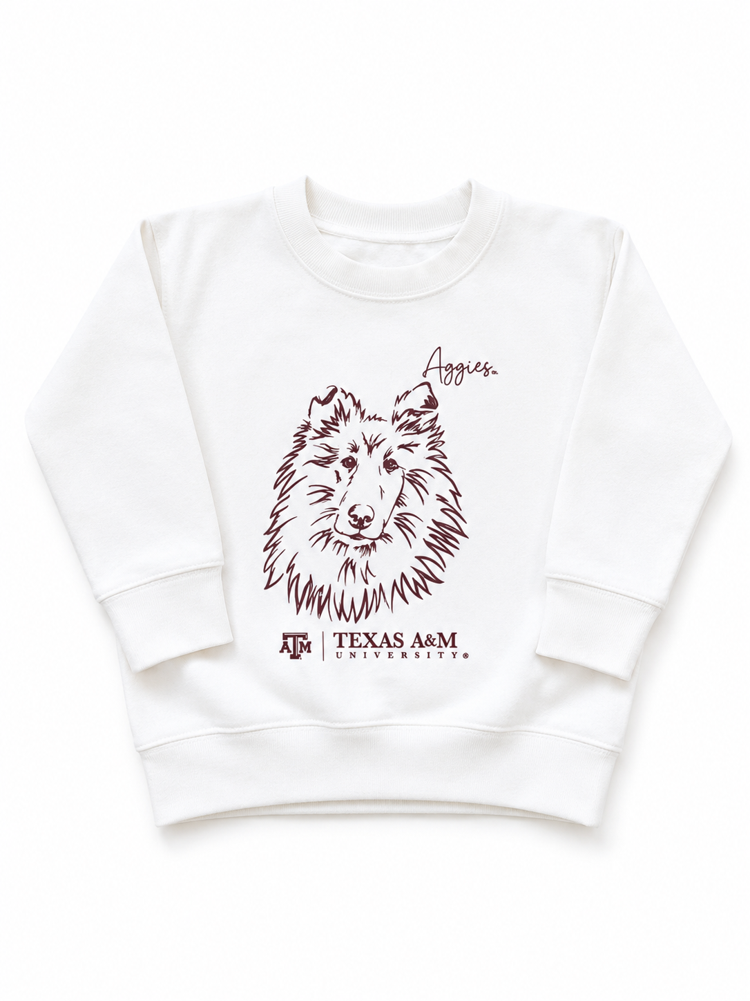 A white long-sleeve crewneck sweatshirt with Texas A&M Reveille dog.