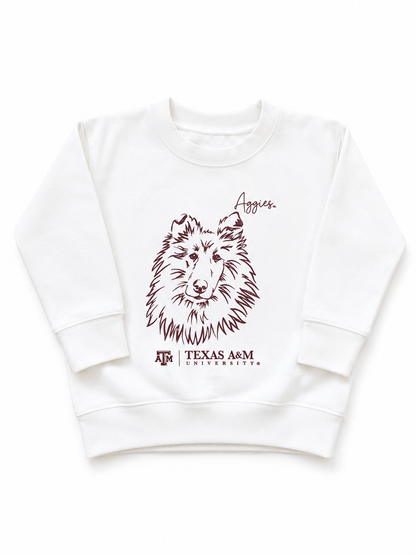 A white long-sleeve crewneck sweatshirt with Texas A&M Reveille dog.